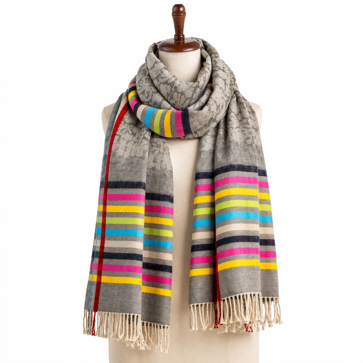 Black Wool Scarf With Metallic Silk Stripes
